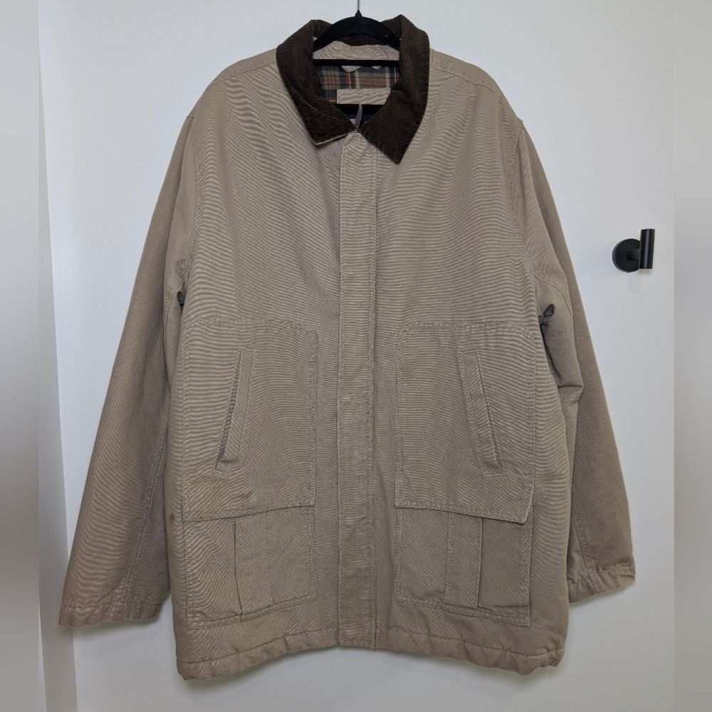 Vintage 90s Lands End Barn Jacket XL Tan Canvas Plaid Lined Chore Coat Dadcore - Picture 2 of 16